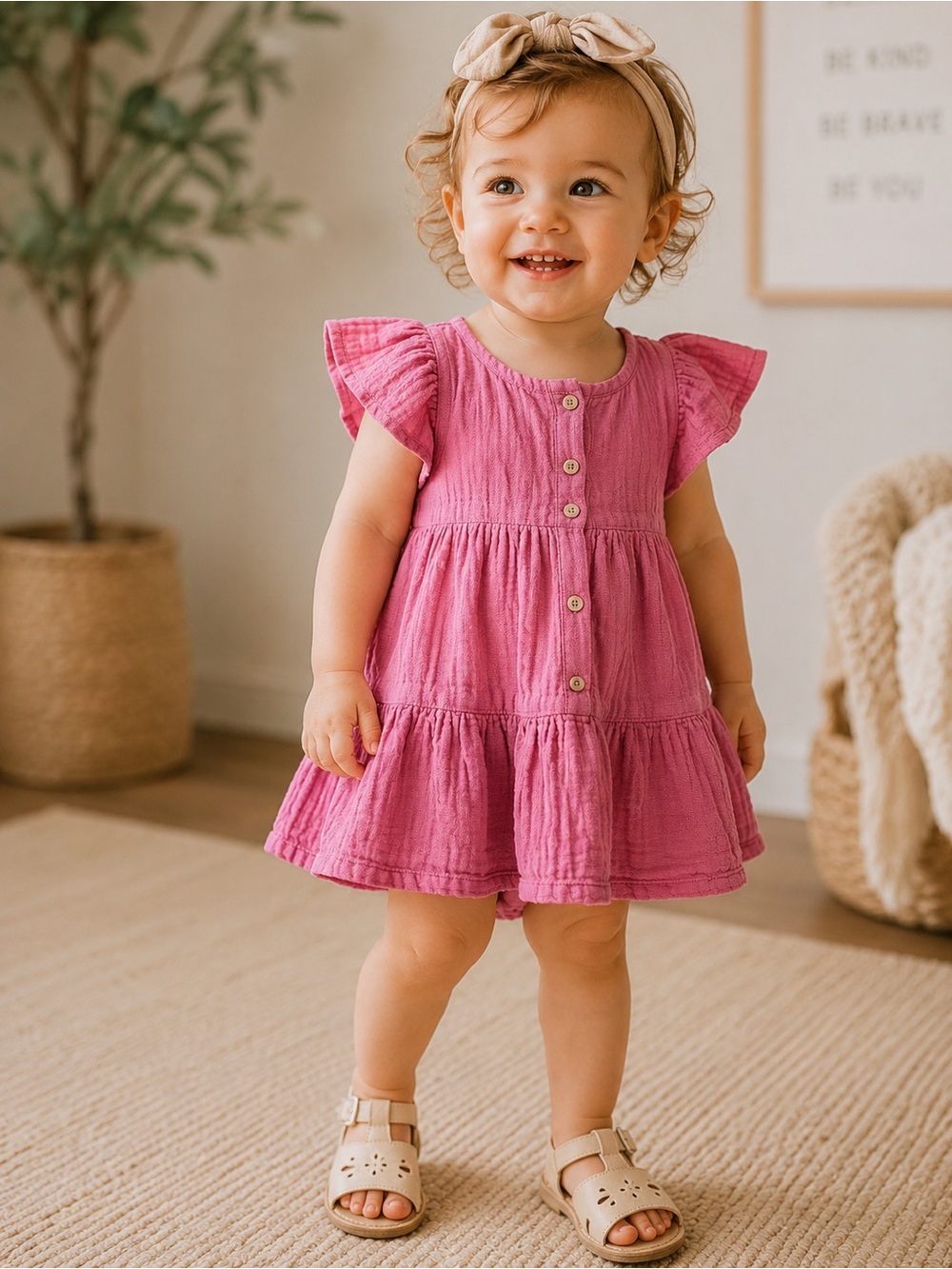 Zara Baby Pink Muslin Tiered Flutter Sleeve Dress – 18–24M